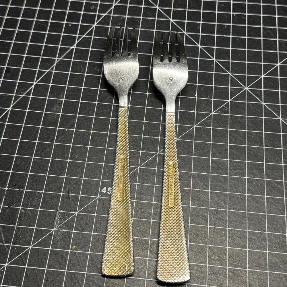 Argent Orfevres Stainless Steel Dinner Forks Textured Gold Tone Handle Set of 2